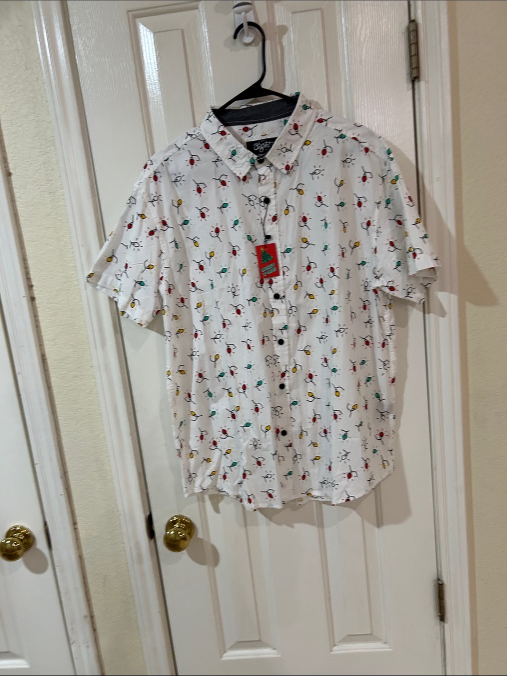 Men's White Short-Sleeve Button-Up Shirt with Colorful Dot Print